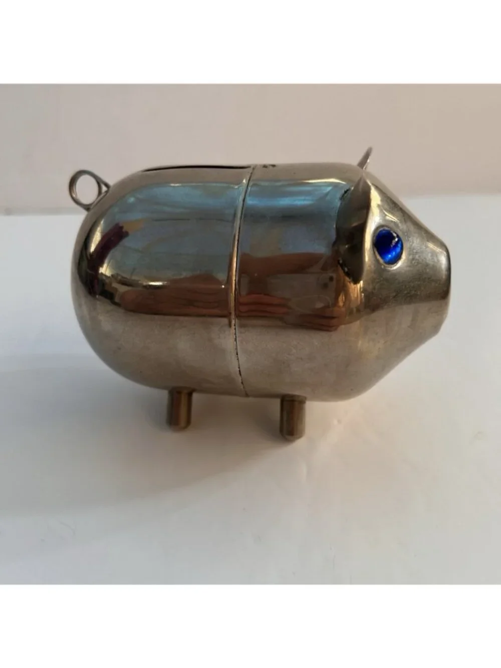 Vintage Silverplated Metal Piggy Bank w/ Blue Rhinestone Crystal Eyes Hong Kong